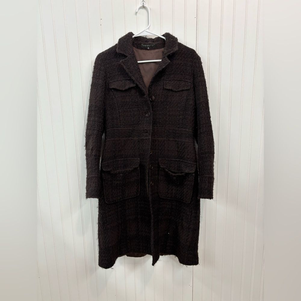 Theory luxury old money Dark Brown Textured tweed wool button down Trench Coat